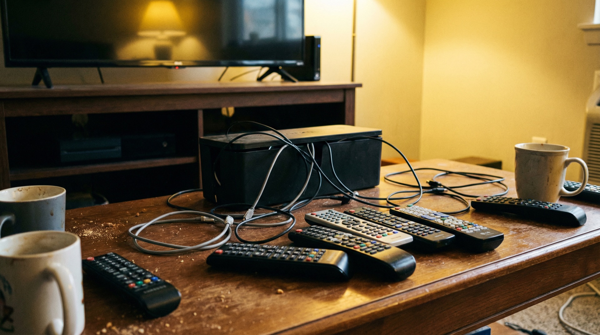 Chaos mit Fernbedienungen und Kabeln im Wohnzimmer
