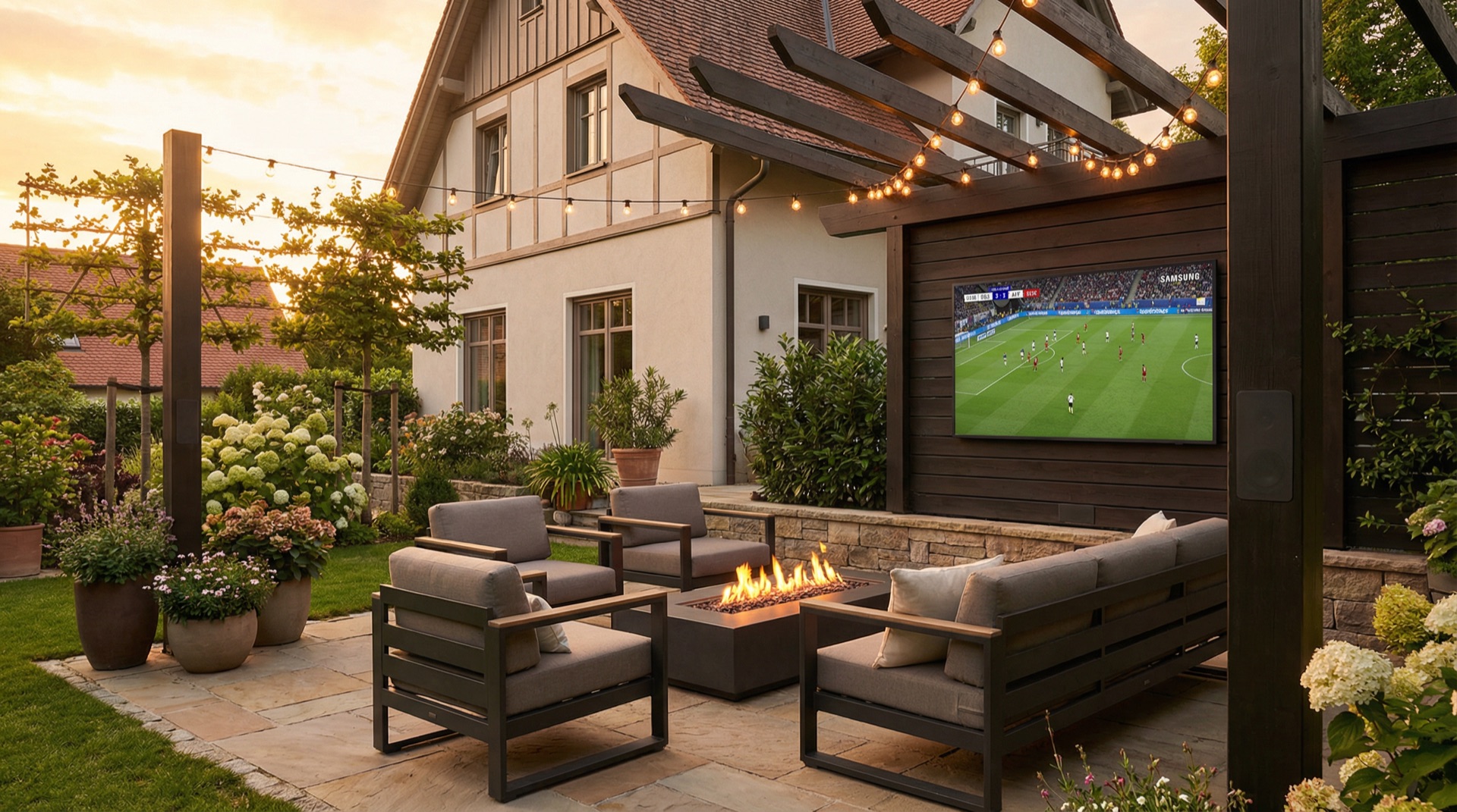 Samsung The Terrace Outdoor TV auf der Terrasse